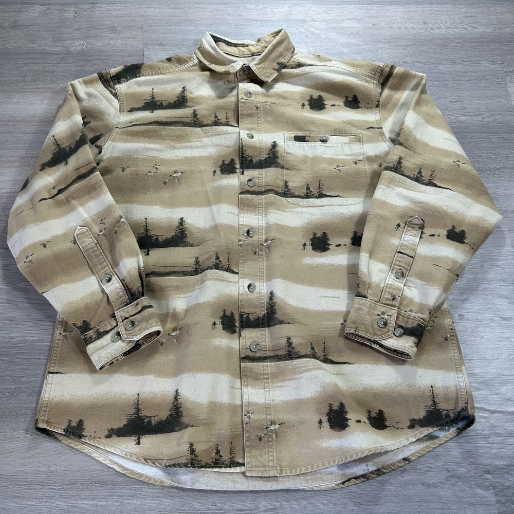 Woolrich Shirt Mens Medium Khaki Tree‎ Scene Geese Button Up Outdoor Hunting